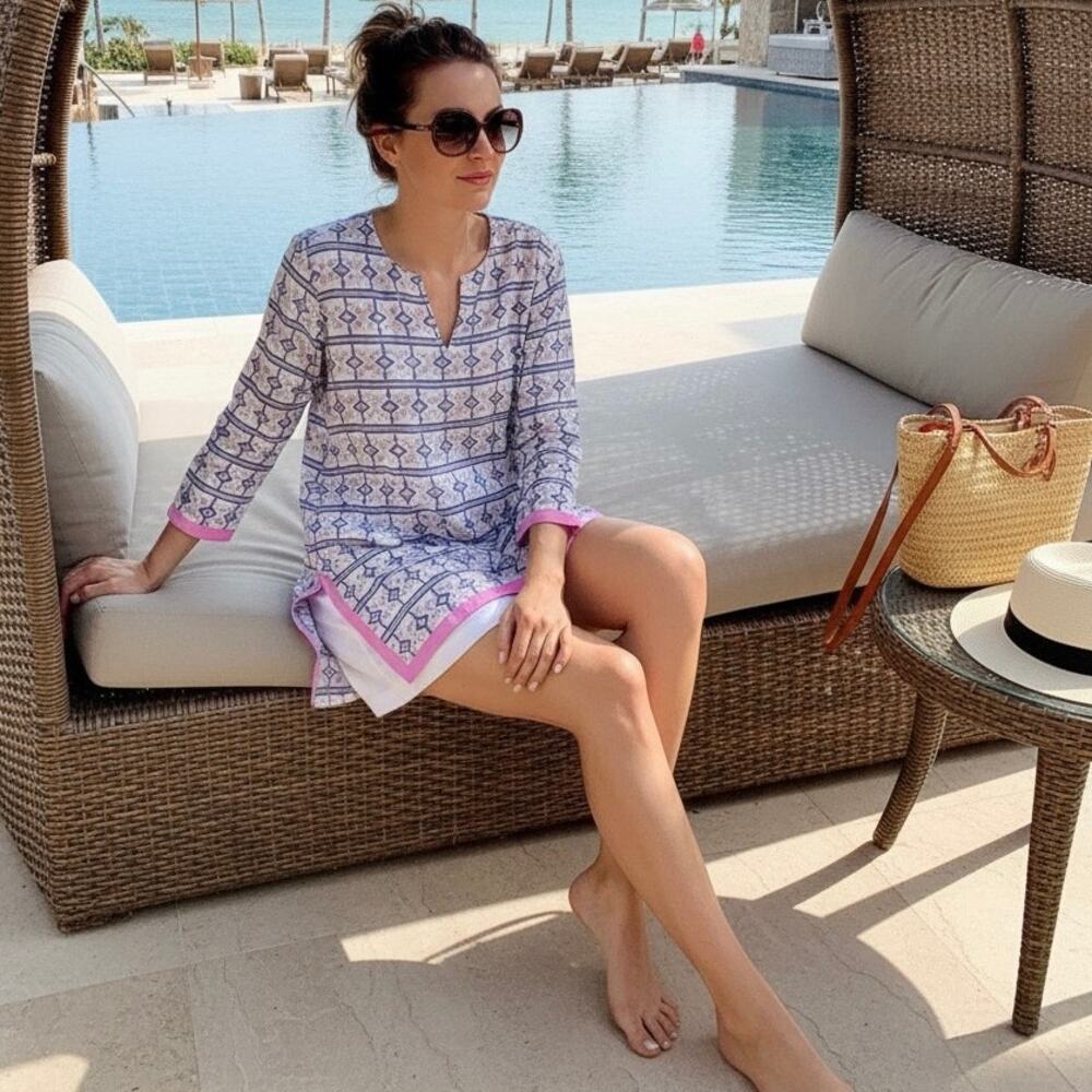Oliphant Cotton Boho Tunic Top Womens Large Blue Pink Geometric Summer Resort